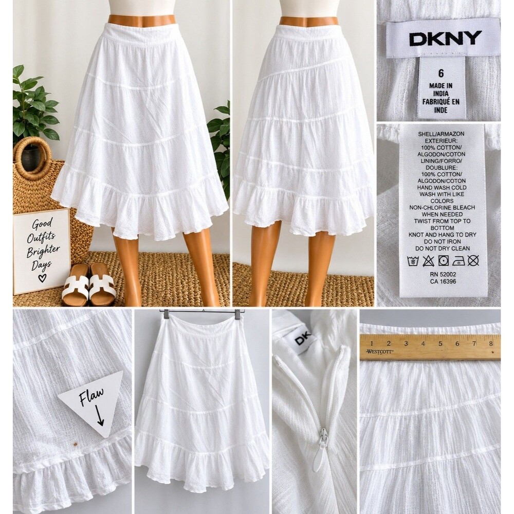 DKNY  Ruffle Midi Skirt Womens 6 Beige  Tiered Flared Boho Flowy Linen Blend